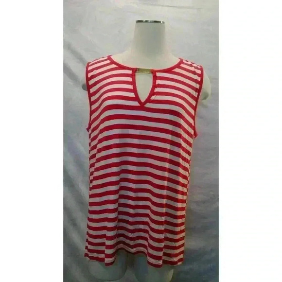 Michael Kors Hi-Lo Striped Top Red White Plaque Relaxed Sleeveless Size XL (154) - Picture 1 of 11